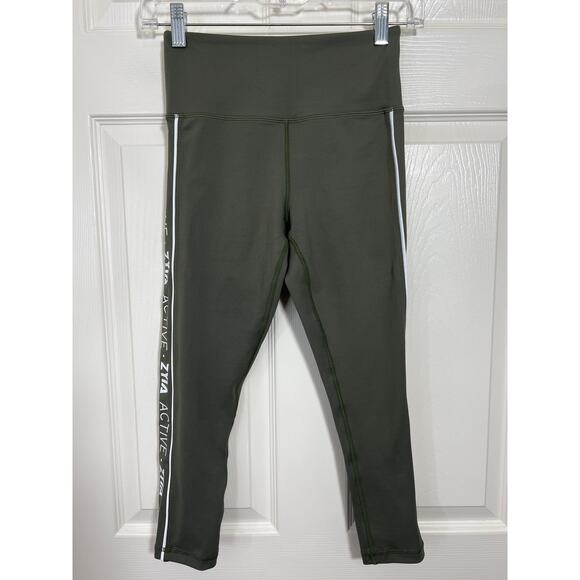 Zyia Active Olive Green Logo Spell Stripe Light N Tight Capri Leggings High Rise - Picture 2 of 9